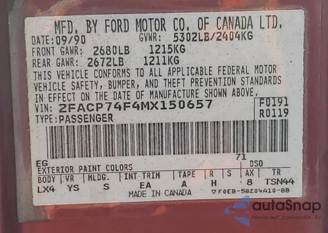 1991 Ford Crown Victoria Lx z USA, uszkodzony, nr VIN 2FACP74F4MX150657